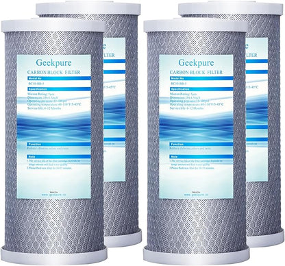 Geekpure 10 Inch Carbon Block Water Filter Reduce Chlorine Taste Odors for Whole House Filtration- 4.5 Inch x 10 Inch -5 Micron-Pack of 4