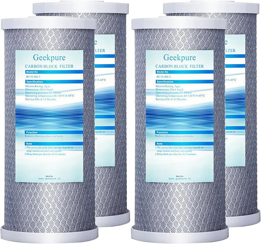 Geekpure 10 Inch Carbon Block Water Filter Reduce Chlorine Taste Odors for Whole House Filtration- 4.5 Inch x 10 Inch -5 Micron-Pack of 4
