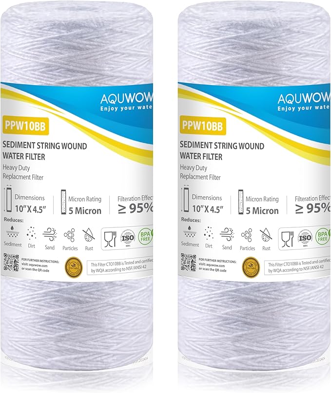 PPW10BB 5 Micron 4.5" x 10" String Wound Sediment Filter Set – Replacement Cartridges for Whole House & Under Sink Systems, Durable Depth Filtration (2, 10 x 4.5)