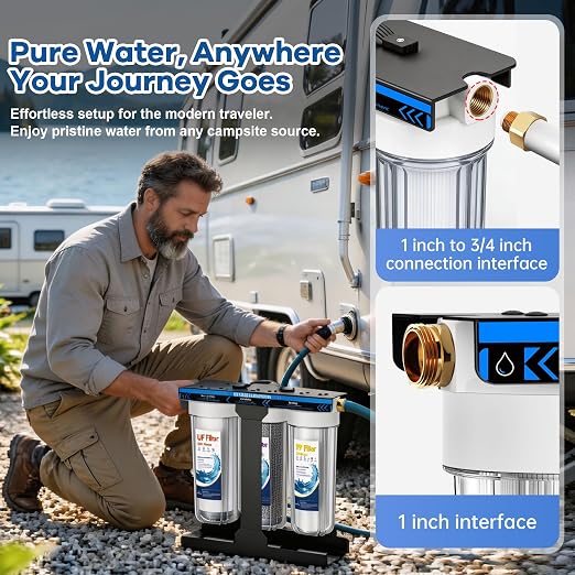 RV Water Filter System,5-Stage RV Water Filter System for Rvs and Campers, 1" Inlet/Outlet, 0.01 Micron Filtration Reduces Sediments, Chlorine, VOCs, Heavy Metals & Odors, Travel Trailers, Boats