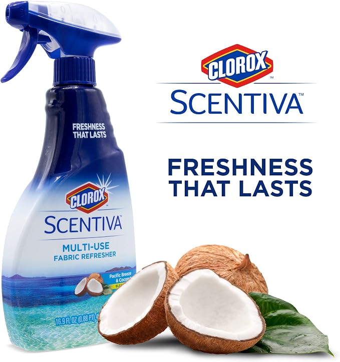 Clorox Scentiva Fabric Refresher Spray, Pacific Breeze and Coconut Scent for Household Fabrics, Odor Refresher for Upholstery, Curtains, Bedding, and Carpets, Non-Bleach, 16.9 Fl Oz