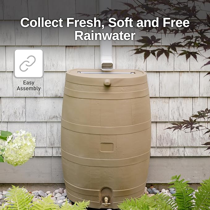 RTS Home Accents 50-Gallon Rain Barrel, Flat Back Rain Water Collection Barrel, Stand Included, Oak Color