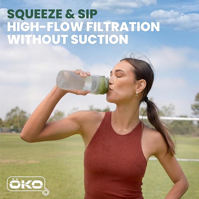 ÖKO H2O Filtration Water Bottle with Advanced Electro-Adsorption Filter, Portable Water Filter Bottle for Travel, Hiking & On The Go, BPA-Free Reusable Bottle, Long Lasting 100 Gallon Filter, 22 Oz