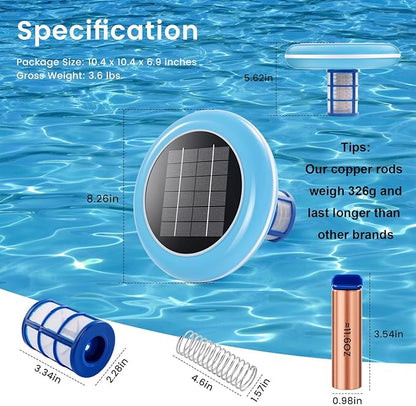 Pool Ionizer Solar Powered,Copper Ionization,Floating Automatic Water Cleaner and Purifier,Up to 45,000 Gal,85% Less Chlorine, Chlorine Free Water,Smart Replacement