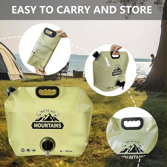 Collapsible 8L Water Storage Bag, BPA-Free Portable Folding Water Jug with Adjustable Faucet, Leakproof Emergency Water Bag for Camping, Hiking, Riding, Outdoor Sport (2, Beige)