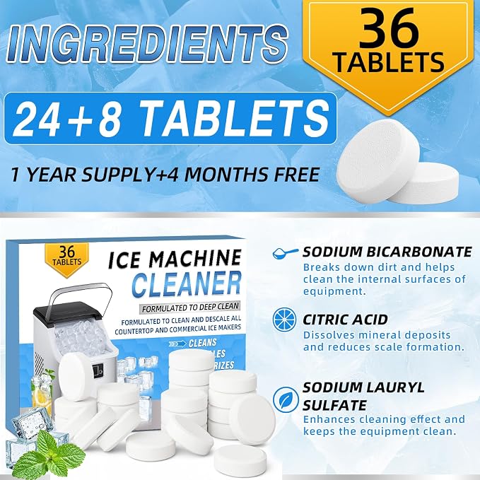 Ice Machine Cleaner Tablets Descaler (36 Pack) – Portable Ice Maker Cleaner, Nickel Safe Scale Remover Compatible with Countertop and Nugget Ice Maker, Remove limescale, Odor-Free, Crystal Clear Ice