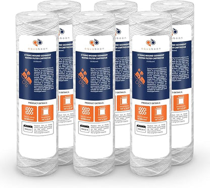Aquaboon String Wound Water Filter Cartridge - Whole House 10 Micron Water Filter 10 x 2.5 Replacement for Well Filter Matches WHKF-WHSW, P5, 6-Pack