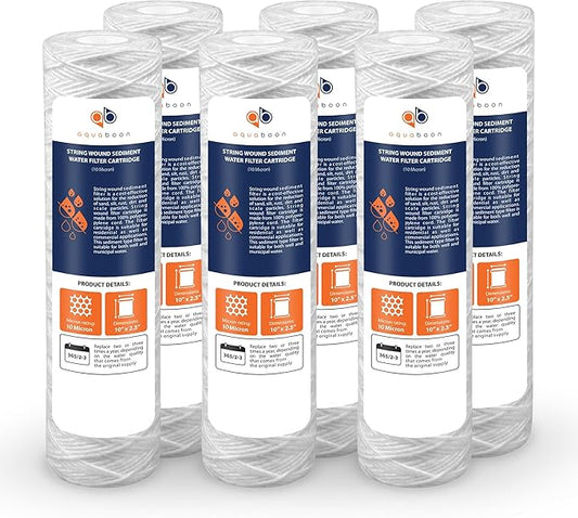 Aquaboon String Wound Water Filter Cartridge - Whole House 10 Micron Water Filter 10 x 2.5 Replacement for Well Filter Matches WHKF-WHSW, P5, 6-Pack