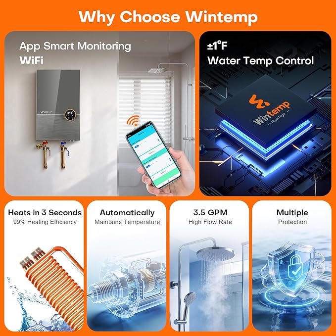 14.4kW Tankless Water Heater Electric 240V, On Demand Hot Water, Automatically Maintains Water Temperature, Up to 3.5 GPM, WiFi Control, ETL Eertified, Eco, WM15V Plus