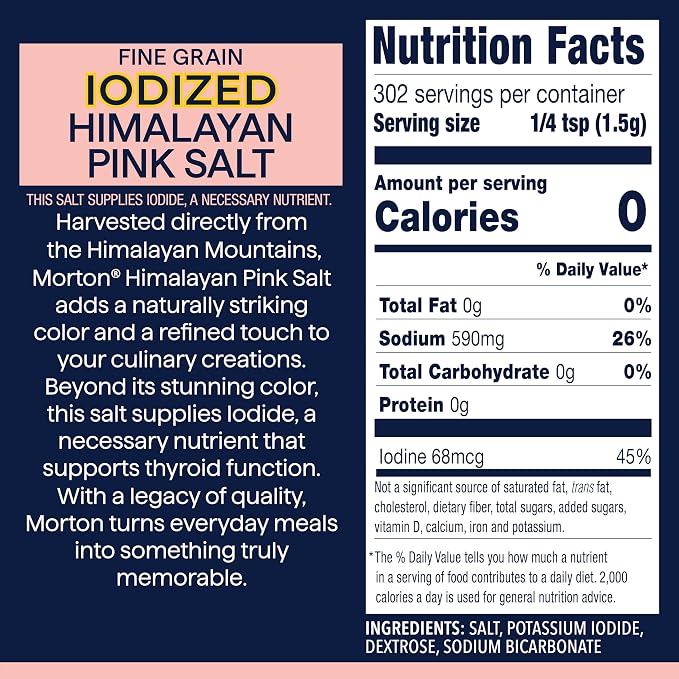 Morton Iodized Himalayan Pink Fine Salt 1lb., Resealable Pouch