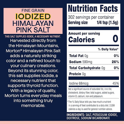 Morton Iodized Himalayan Pink Fine Salt 1lb., Resealable Pouch