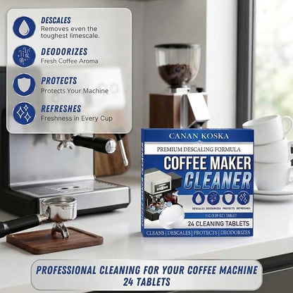 Coffee Machine Descaler Tablets 24 Count – Universal Coffee Maker Cleaner – Removes Limescale, Improves Taste & Performance – Compatible with Most Machines