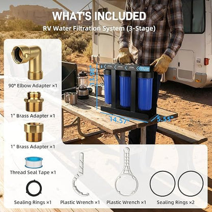 3-Stage RV Water Filter System, 0.01 Micron UF Filter, 1" Brass Inlet/Outlet, 90° Elbow Adapter, Reduces Sediment, Heavy Metals, Chlorine and More, Cleaner Water for RVs, Campers and Trailers