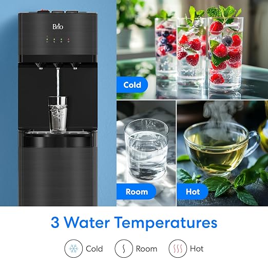 Brio Bottleless Water Cooler Dispenser w/ 4-Stage Filters (Included) removes PFAS & Microplastics for Clean Drinking Water, NSF Certified | 3 Temp (Hot, Room, Cold) w/Child Safety Lock & LED Display