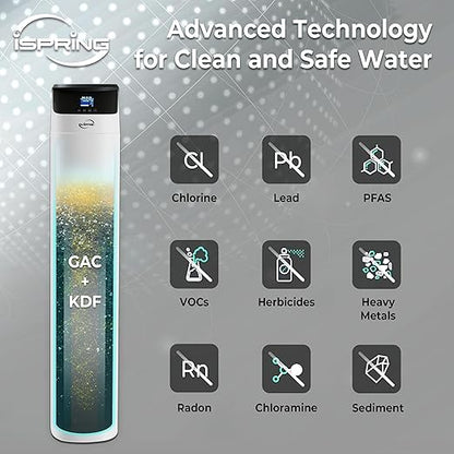 iSpring Elite Series Whole House Central Water Filtration System with Automatic Control Head, Reduces Chlorine, Chloramine, PFAS, Lead, Model: WCF200K