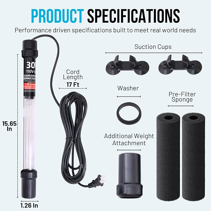 30W UV-C Light with 17ft Cable for 200-2000 Gallon Aquariums, Ponds & Pools - Professional UV Water Clarifier for Koi Ponds, Fish Tanks, Spas & Cold Plunge