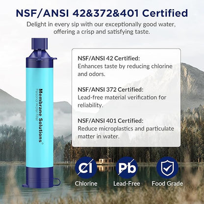 Membrane Solutions Straw Water Filter S1, NSF/ANSI 42&372&401 certificated, Survival Filtration Portable Gear, Emergency Preparedness, Supply for Drinking Hiking Camping Team Family Outing