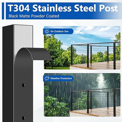 36" T304 L-drilled Cable Railing Corner Post(Post 35"x2"x2"), Wire Railing Post with Cable Grommets, Modular Fixed Top Mount Stainless Steel Black Finish Deck Staircase Post