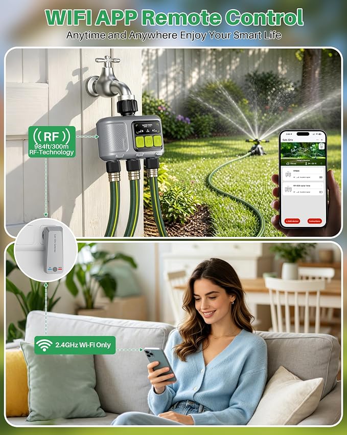 WiFi Water Timer 3 Outlet for Garden Hose, Smart Sprinkler Controller with 984ft RF Range, Smart Lawn Watering System Irrigation Timer, APP/Voice Control, Rain Delay, Manual Irrigation