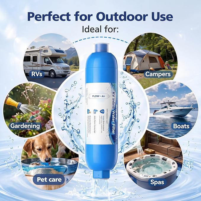 RV Water Filter, 4 Pack RV Inline Water Filter with Flexible Hose Protector | Camper Water Filter System for RVs, Campers & Boats, Water Hose Filter Reduces Chlorine, Sediment, Bad Taste & Odors
