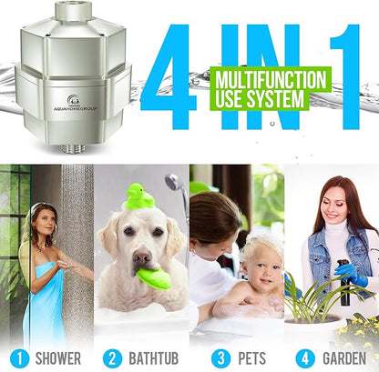 AquaHomeGroup 20 Stage Shower Filter - Reduces Chlorine, Heavy Metals and Sediment - Vitamin C and E - High Output - Universal Fit - Brushed Nickel