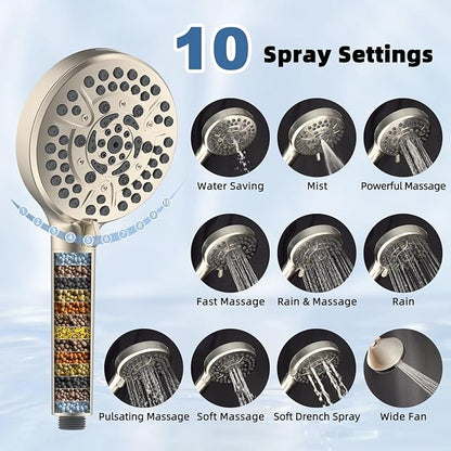 All Metal Rain Filtered Shower Head, 10” High Pressure Rainfall Shower Head with Handheld Spray, 10 Modes Handheld Powerful Wash, 16" Adjustable Extension Arm, 20 Stage Shower Filters, Brushed Nickel