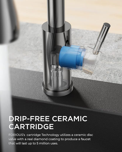 FORIOUS Kitchen Faucet with Pull Down Sprayer, Chrome, Bar High Arc Single Handle Traditional 3 Modes Stainless Steel Faucet for Kitchen Sink Farmhouse RV Laundry Camper