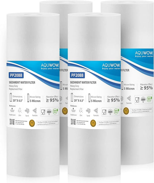 PP20BB 5 Micron 4.5" x 20" Filter Set – Sediment Replacement Cartridges for Whole House Water Filtration Systems, Universal Standard PP Filters (4, 20 x 4.5)
