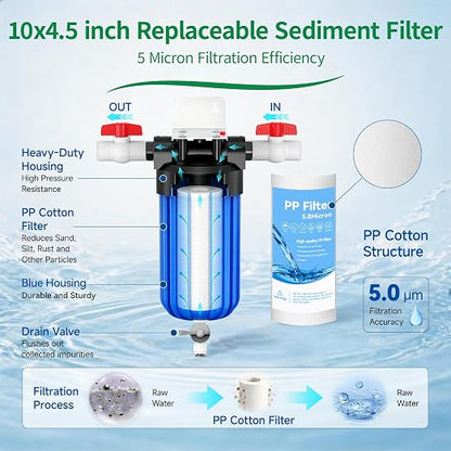 Whole House 10"x4.5" Blue PP Sediment Pre-Filter Housing with Drain Valve | Filters sediment, rust & dirt; pre-filter for city & well water with drain valve, comes with 1 pack PP filter and 2 valves