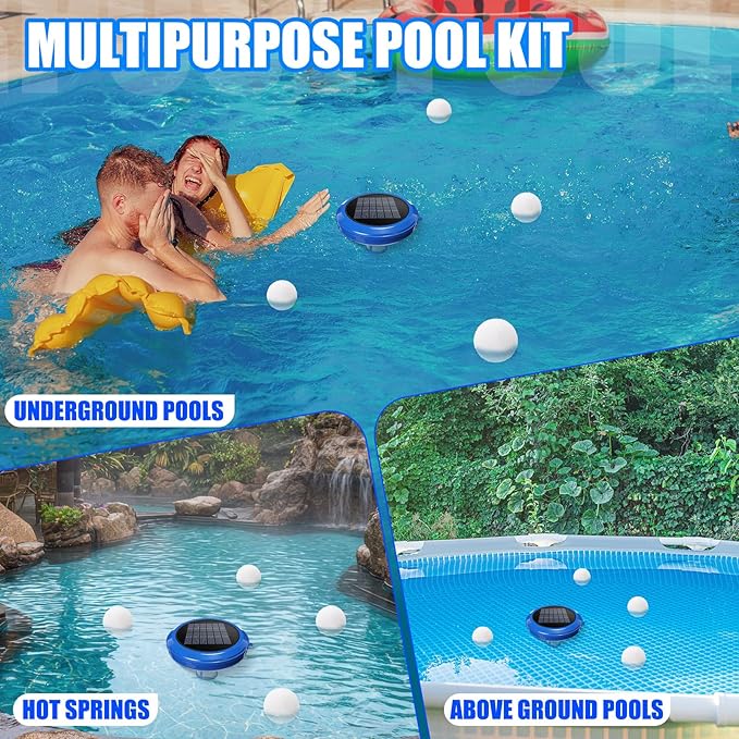 Solar Pool Ionizer & Cleaner: Automatic Floating Water Purifier with Upgraded Copper Ionizer & 4 Scum Absorber Balls, Treats Up to 45, 000 Gallons for Above/In-Ground Pools & Spas