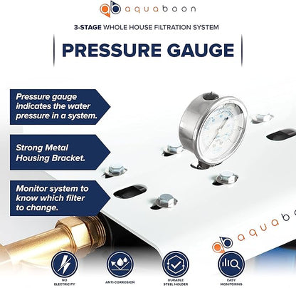 Aquaboon 3-Stage Whole House Water Filter System Against Chlorine & Sediment with 20x4.5 Water Filters Cartridges, Gauge & Release, Wrench, Bracket