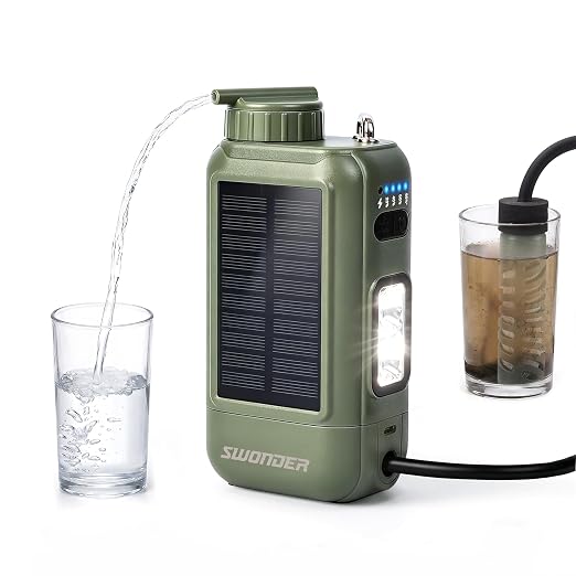 Swonder Portable Electric Water Filter – 0.01 Micron Camping Water Purifier with Solar & 5200mAh Battery, 4-Stage Filtration System for Hiking, Emergency, Survival