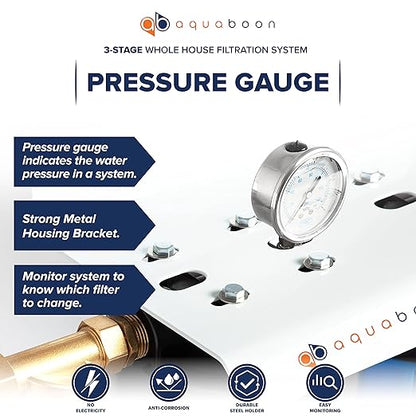 Aquaboon 3 Stage Whole House Water Filter System for Well Water with 20x4.5 Water Filters Cartridges, Wrench, Bracket, Pressure Gauges & Release