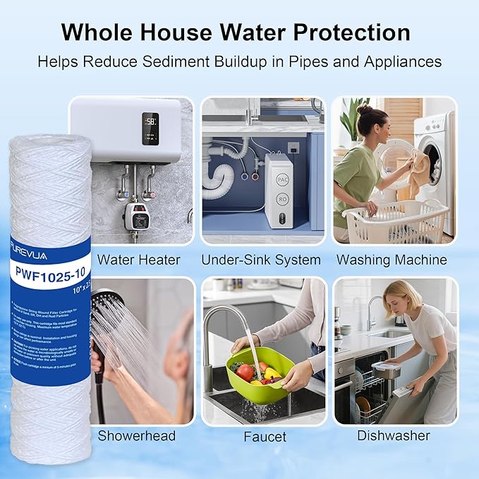 10 Micron 10"x2.5" String Wound Sediment Filter, Whole House Water Filter Cartridge for Well Water, Compatible with CW-F, AO-WH-PRE-R2, WHKF-WHSW, Fits Standard 10" Housings, 6 Pack