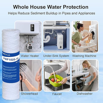 10 Micron 10"x2.5" String Wound Sediment Filter, Whole House Water Filter Cartridge for Well Water, Compatible with CW-F, AO-WH-PRE-R2, WHKF-WHSW, Fits Standard 10" Housings, 6 Pack