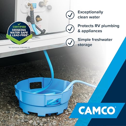 Camco Tastepure RV Freshwater Kit - Includes Tastepure RV Water Filter, Flexible Hose Protector, EvoFlex 25' Drinking Water Hose, Brass RV Water Pressure Regulator & Carrying Basket (20160)
