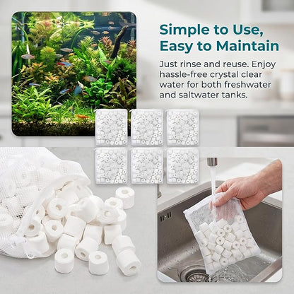 TOPZEA 6 Lb Aquarium Filter Media Ceramic Rings, Premier Bio Filter Medias with Zipper Mesh Bags for Koi Pond, Canister, Fish Tank Filter, Pure White