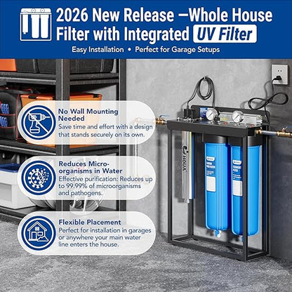 HQUA WF3-03 3-Stage Free-Standing Whole House Water Filtration System, UV Filter Included, Reduces Heavy Metals (Lead, Mercury, Copper, Nickel, Chromium), Chloramine, Sediment, Odor, and VOC’s