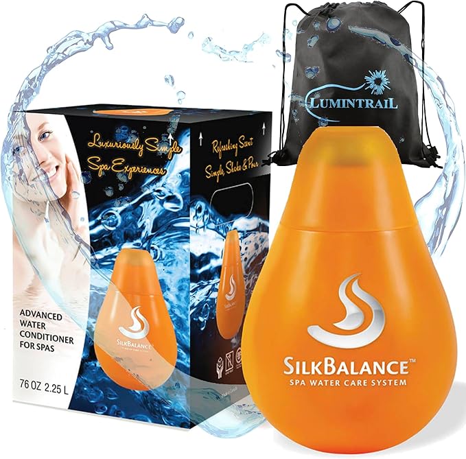 Silk Balance Natural Hot Tub Solution - 76 oz - Water Softener & Water Care System - Spa & Hot Tub Cleaner, Balancer, Clarifier, & Conditioner - 4 Month Supply Bundle with a Drawstring Bag