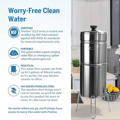 ProOne Big+ Gravity Water Filter System High Capacity Countertop Stainless Steel Water Filter Dispenser IAPMO Certified to Reduce Lead, Total PFAS, Microplastics, Chlorine Taste & Odor, 3 Pack Filter