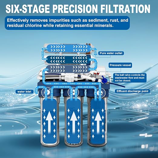 Level 6 RO Reverse Osmosis Filtration System—Under-Sink Water Purifier + 6 Filter Cartridges (Includes Faucet and Storage Tank), Featuring pH Adjustment and Mineral Replenishment, 100 GDP