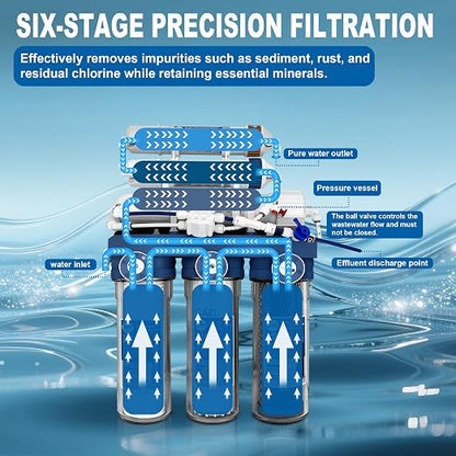 Level 6 RO Reverse Osmosis Filtration System—Under-Sink Water Purifier + 6 Filter Cartridges (Includes Faucet and Storage Tank), Featuring pH Adjustment and Mineral Replenishment, 100 GDP
