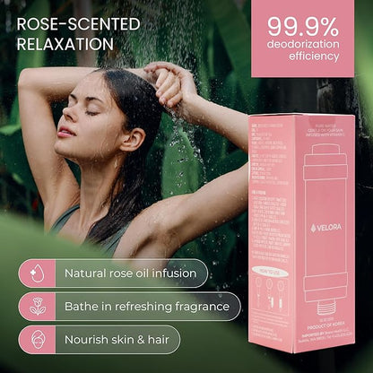 VELORA Vitamin C Shower Filter - Rose-Scented Aromatherapy Shower Water Filter and Softener - Universal Showerhead Bathroom Attachment - Replenish Dry Skin, Soften and Nourish Hair