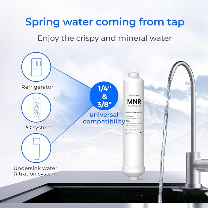Waterdrop MNR35 Remineralization Filter Compatible with Undersink RO System | 1/4" & 3/8" Quick Connect Filter for RO Water Filter, Restore Essential Minerals, 9-12 Month Lifetime, 1-Pack