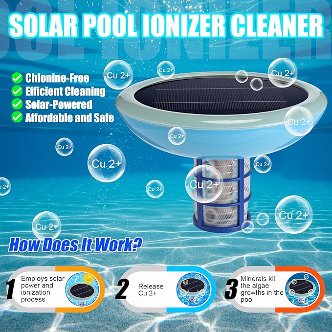Solar Pool Ionizer Cleaner Self-Luminous Automatic Floating Water Purifier Copper Pool Ionizer with 4 Pcs Scum Eliminating Ball, up to 45, 000 Gallons for Above Ground In-ground Pools Spas