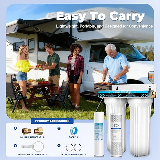 RV Dual Water Filter System, 4-Layer 2 Stage RV Water Filtration System, Removes Sediments,Chlorine,Heavy Metals, Odors, Water Filter for RV, Campers, 3/4'' Lead-Free Hose Quick Connectors