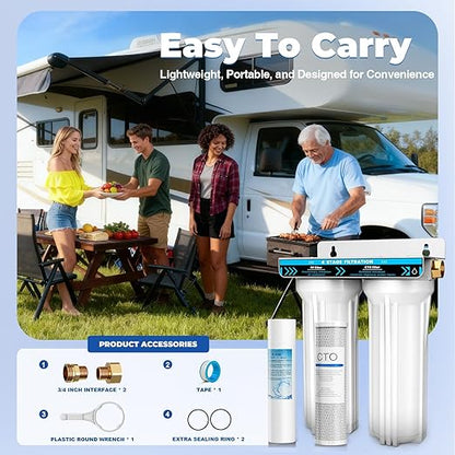 RV Dual Water Filter System, 4-Layer 2 Stage RV Water Filtration System, Removes Sediments,Chlorine,Heavy Metals, Odors, Water Filter for RV, Campers, 3/4'' Lead-Free Hose Quick Connectors
