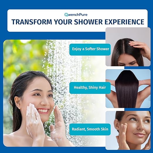 QwenchPure Shower Filter for Chlorine – High Output, 100% KDF-55, Removes Chlorine & Contaminants, Softens & Purifies Hard Water, Improves Skin & Hair, Easy Installation, Made for Hot Water