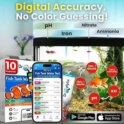 Digital Aquarium Water Test Kit, App-Enabled 10-in-1 Freshwater & Saltwater Aquarium Test Strips for Fish Tanks, Shrimp, Reef Test Strips, pH, Ammonia, Nitrate, Nitrite, GH, KH, Chlorine