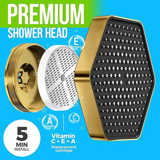 AquaHomeGroup Luxury Rain Shower Head with Filter - Reduces Chlorine, Rust and Sediment - Vitamin C E and A - High Pressure - Spa Effect - Golden